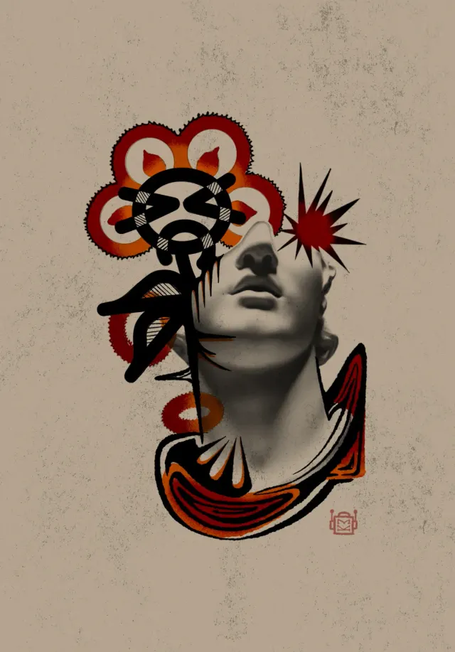 Original available tattoo design of a twin fang dagger with a graphic banner wrap